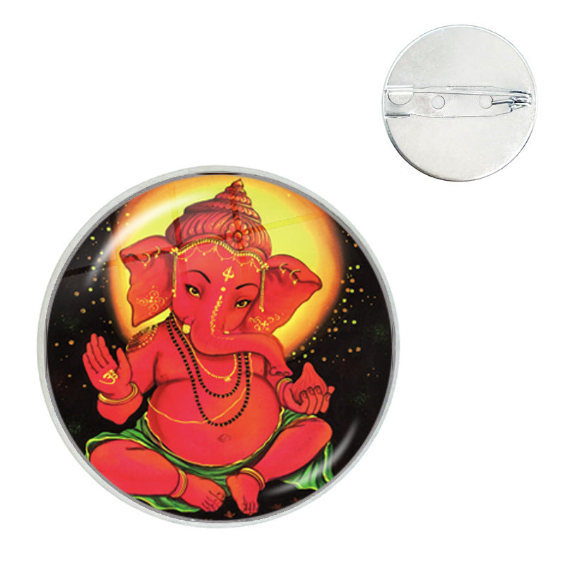 Ganesh Time Gem Crystal Glass Round Brooch
