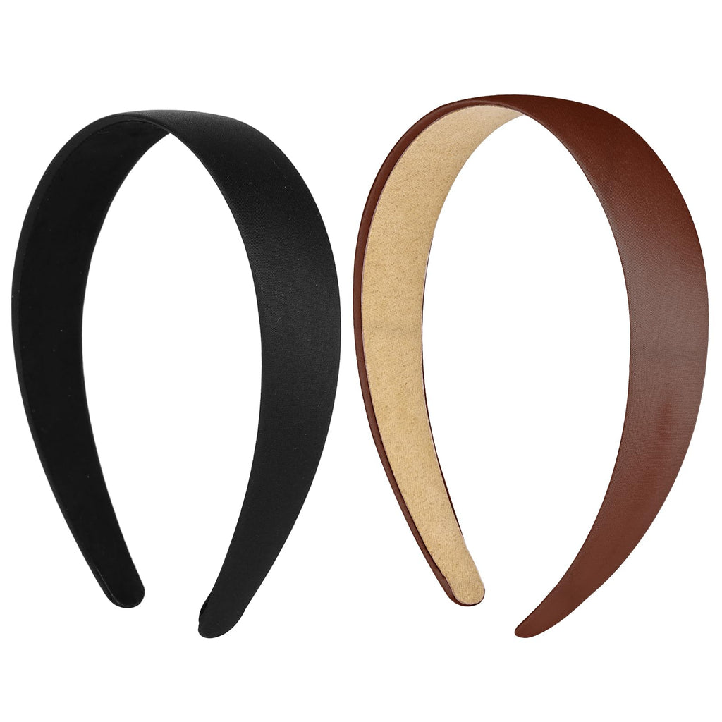 WLLHYF 2 Pieces Satin Headbands 1 Inch Wide Hard Head Band Fashion Solid Headband Anti-slip Plain Hair Bands Diy Hair Accessories for Women Girls Halloween Christmas (Black+Coffee)
