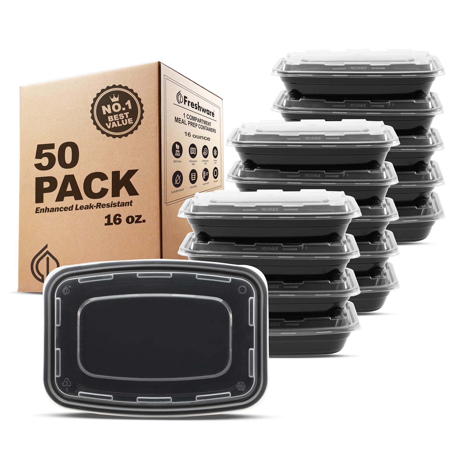 Freshware Meal Prep Containers [50 Pack] 1 Compartment Food Storage Containers with Lids Bento Box BPA Free Stackable Microwave/Dishwasher/Freezer Safe (16 oz)