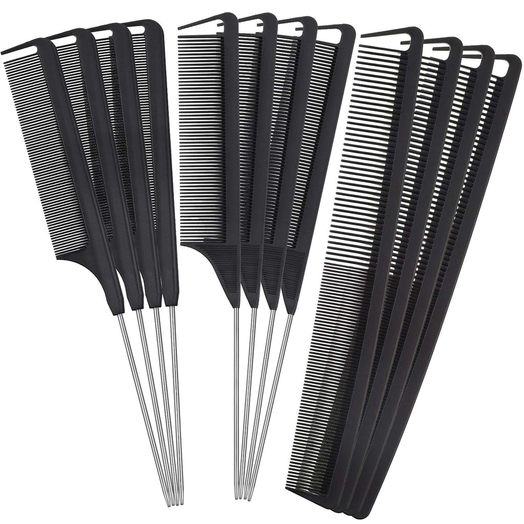Patelai 12 Pieces Parting Comb for Braids Rat Tail Comb Steel Pintail Comb Fine Teeth Comb Heat Resistant Teasing Combs with Stainless Steel Pintail (Black)