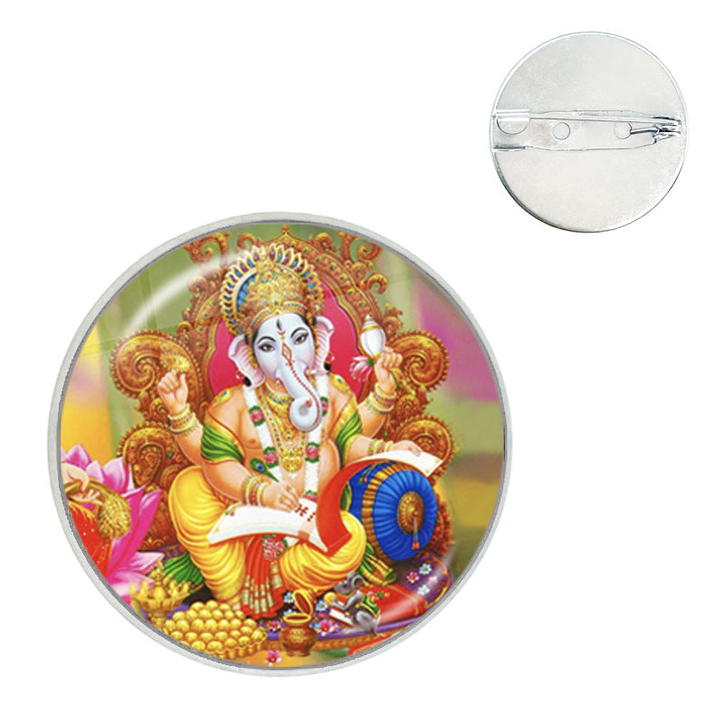 Ganesh Time Gem Crystal Glass Round Brooch