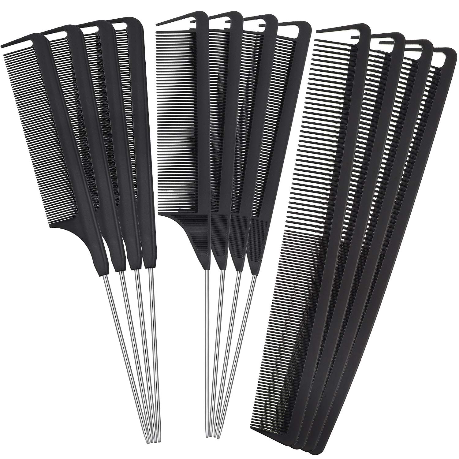 Patelai 12 Pieces Parting Comb for Braids Rat Tail Comb Steel Pintail Comb Fine Teeth Comb Heat Resistant Teasing Combs with Stainless Steel Pintail (Black)