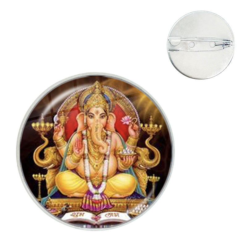 Ganesh Time Gem Crystal Glass Round Brooch
