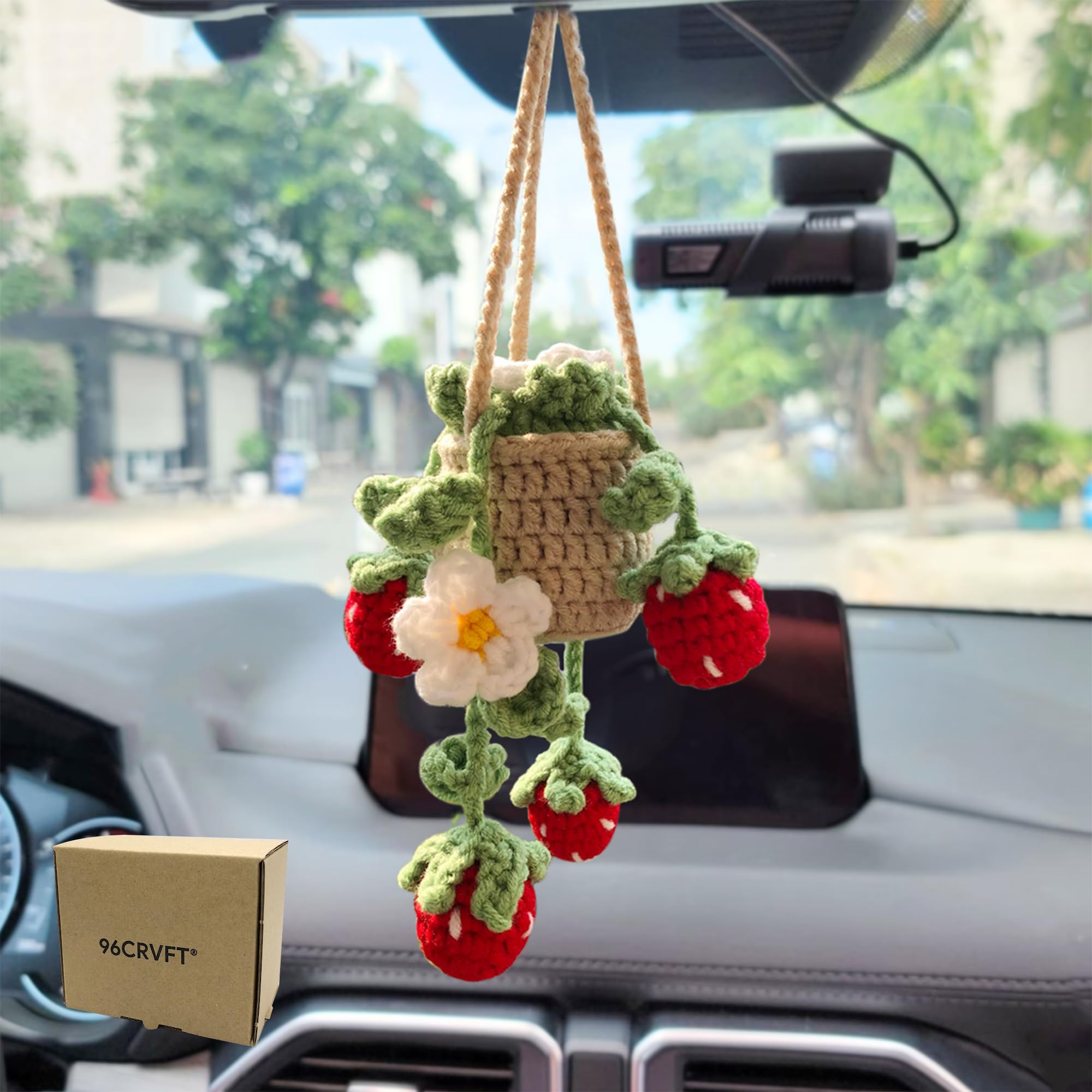 96CRVFT Cute Crochet Daisy Strawberry Hanging Plant for Car Accessories Aesthetic Decor Rear View Mirror Hanging Ornament for Women and Men Handmade Cute Car Interior Decor Accessories Gift